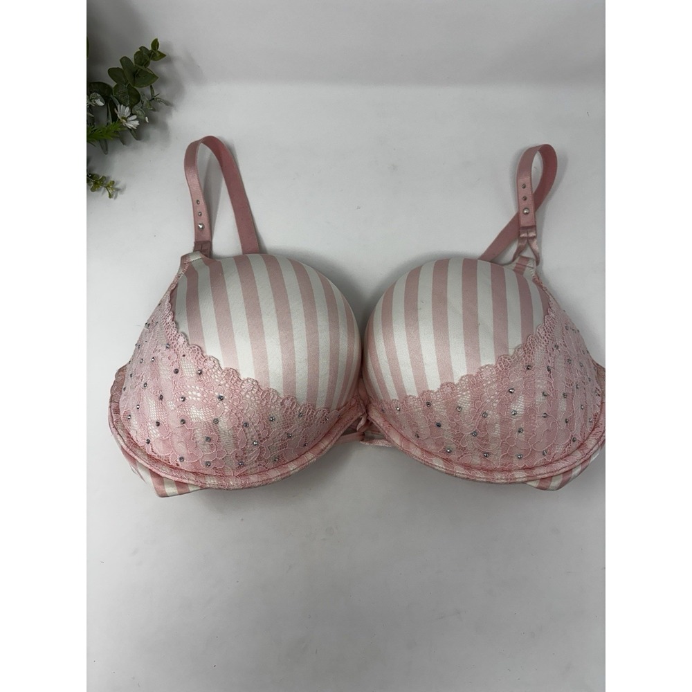 Victoria's Secret Miraculous Plunge Bra 38D Pink Striped Lace Rhinestone